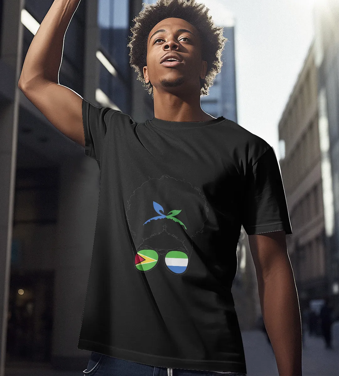 1sttheworld T-Shirt - Guyana And Sierra Leone Mix Afro Bun T-Shirt Black A35