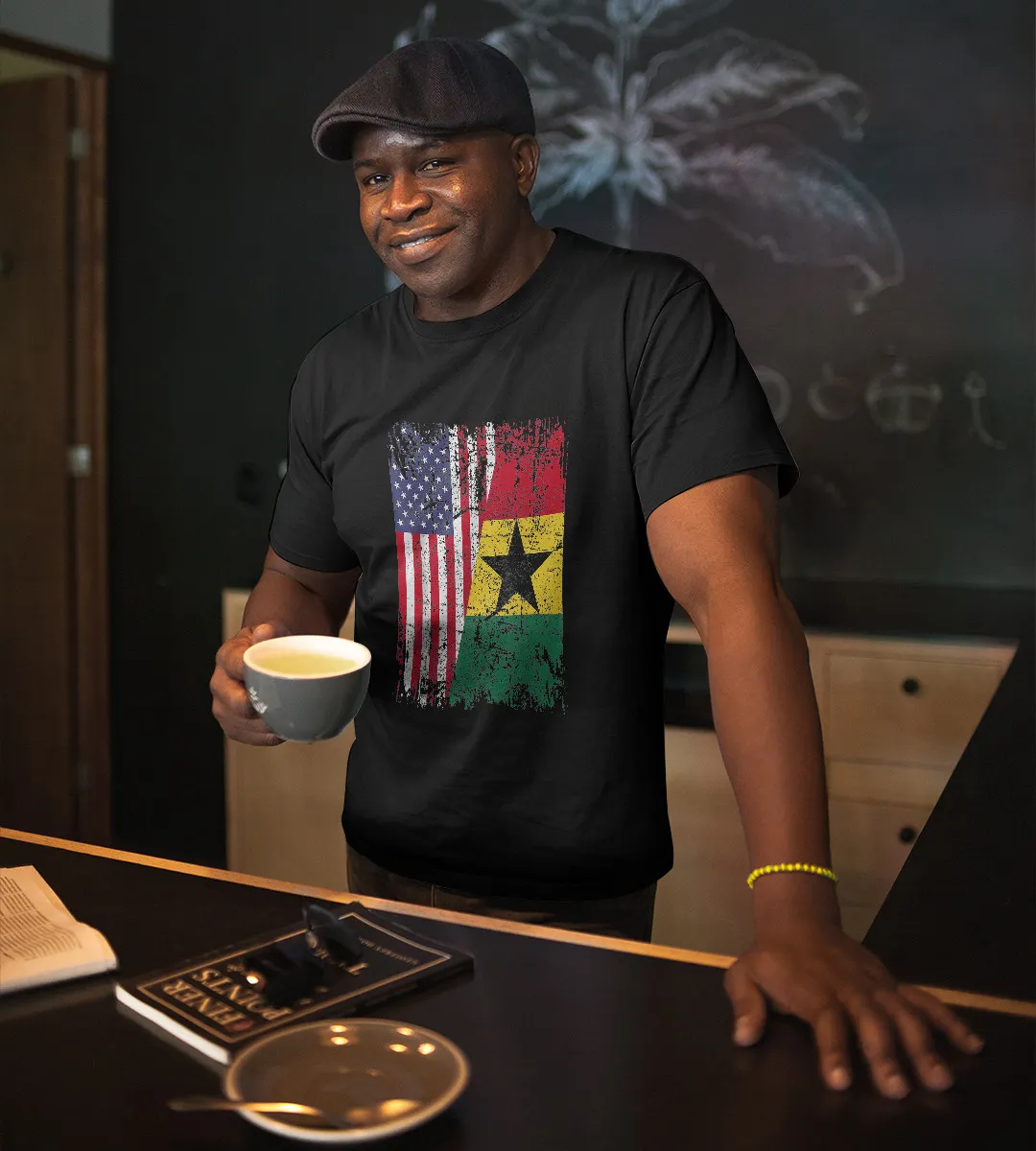 1sttheworld T-Shirt - Half Ghanaian Roots Half American Flag T-Shirt Black A35