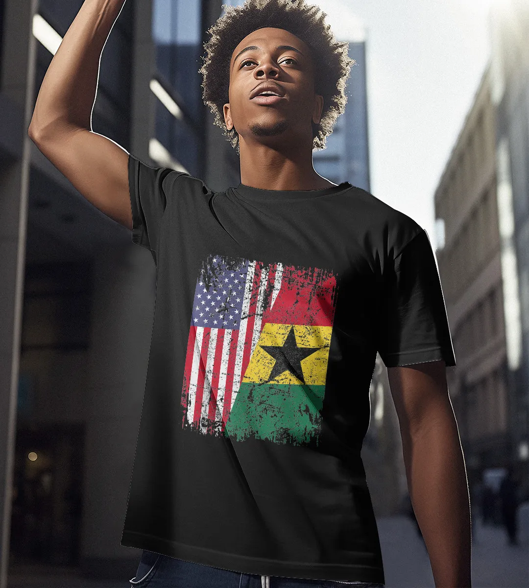 1sttheworld T-Shirt - Half Ghanaian Roots Half American Flag T-Shirt Black A35