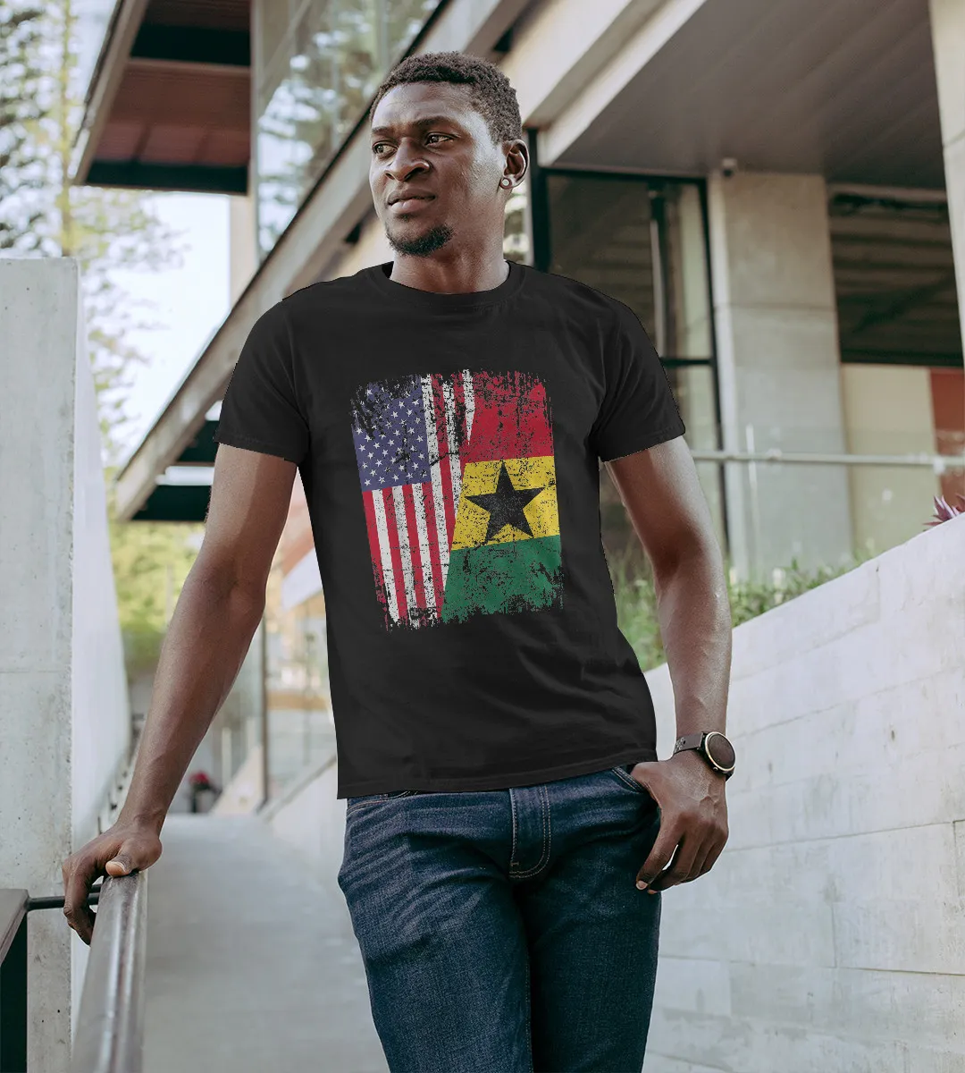 1sttheworld T-Shirt - Half Ghanaian Roots Half American Flag T-Shirt Black A35