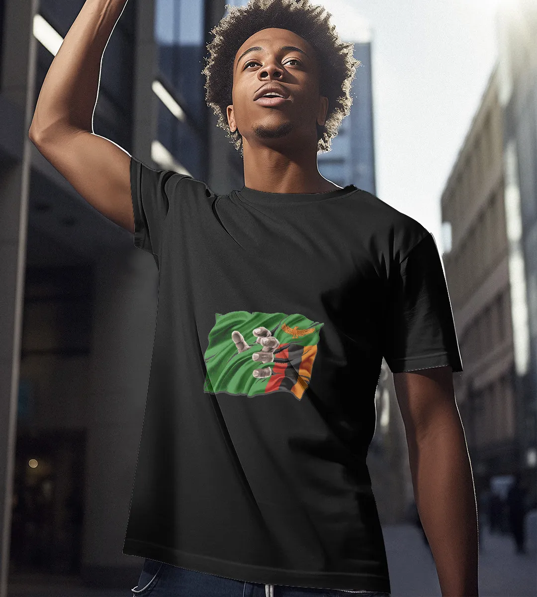 1sttheworld T-Shirt - Hand Inside Zambia Flag T-Shirt Black A35