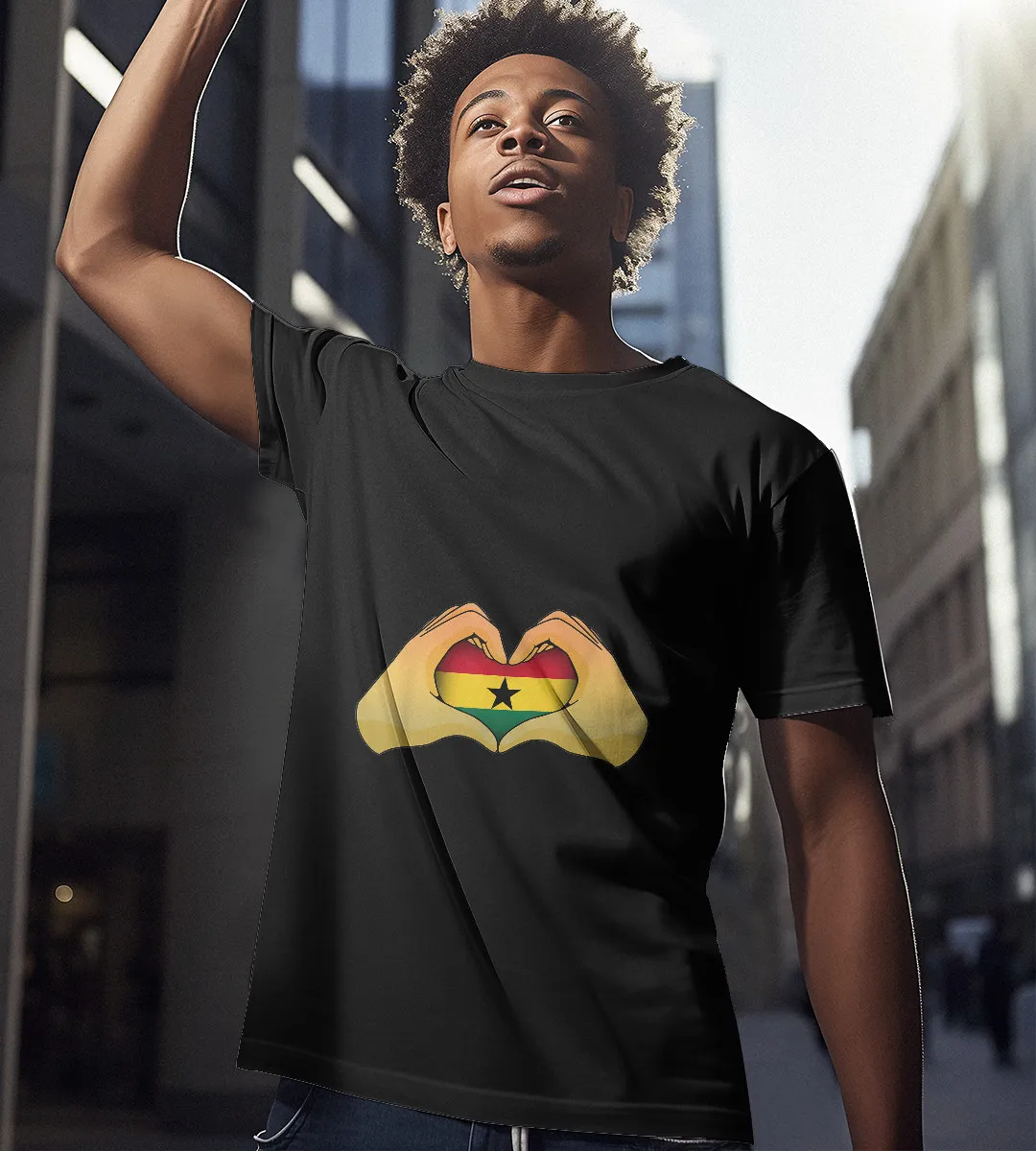 1sttheworld T-Shirt - Heart Hand Ghana Flag T-Shirt Black A35