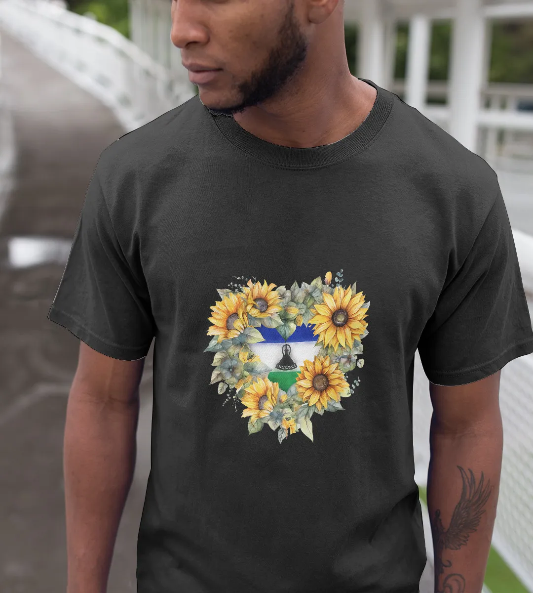 1sttheworld T-Shirt - Heart Sunflowers Lesotho Flag T-Shirt Black A35