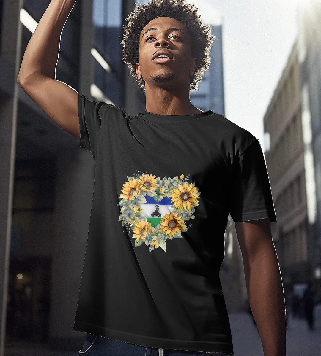 1sttheworld T-Shirt - Heart Sunflowers Lesotho Flag T-Shirt Black A35