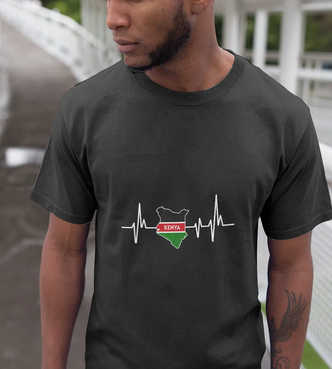 1sttheworld T-Shirt - Heartbeat Kenyan Map Flag T-Shirt Black A35