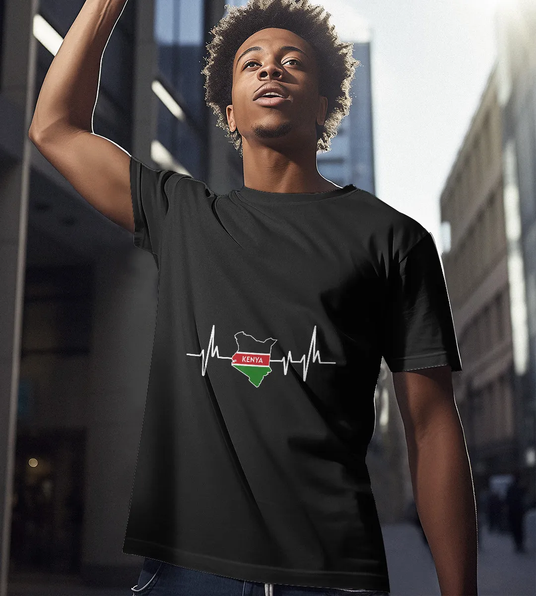 1sttheworld T-Shirt - Heartbeat Kenyan Map Flag T-Shirt Black A35