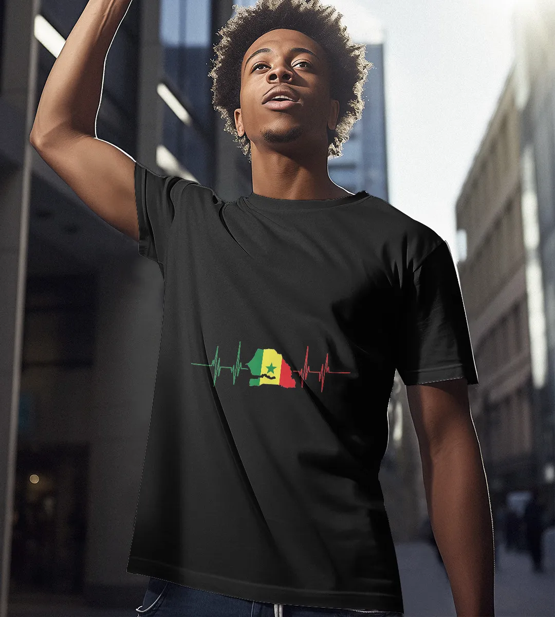 1sttheworld T-Shirt - Heartbeat Map Senegal Flag T-Shirt Black A35