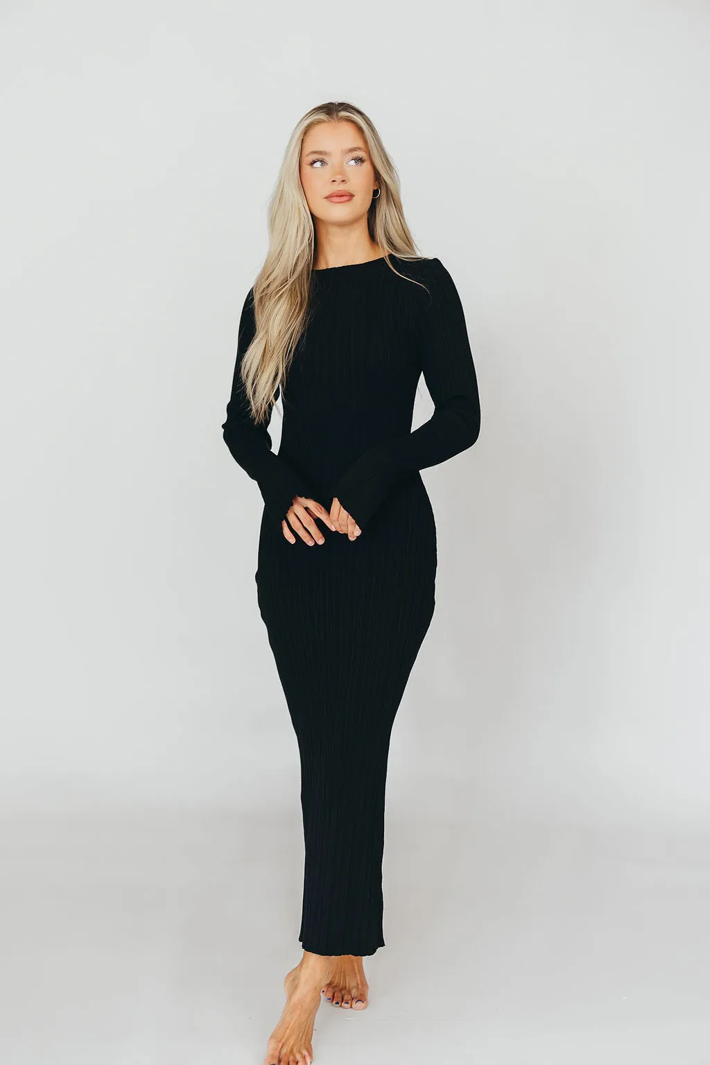 Allie Long Sleeve Ribbed Maxi Dress in Black