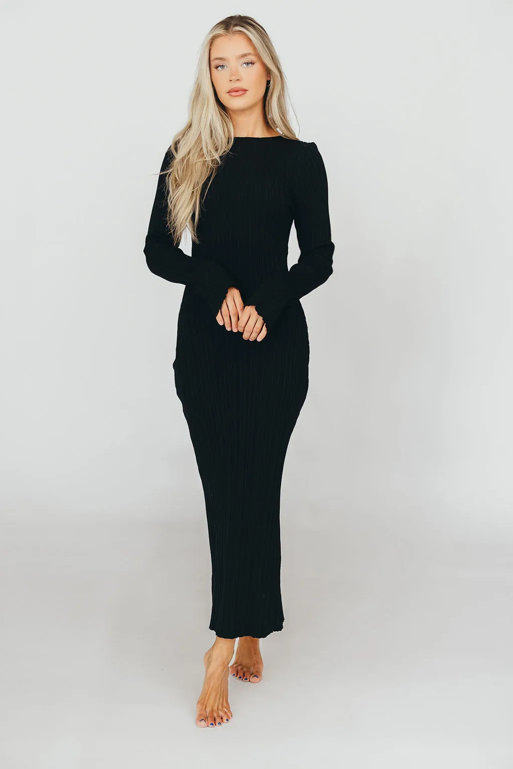 Allie Long Sleeve Ribbed Maxi Dress in Black