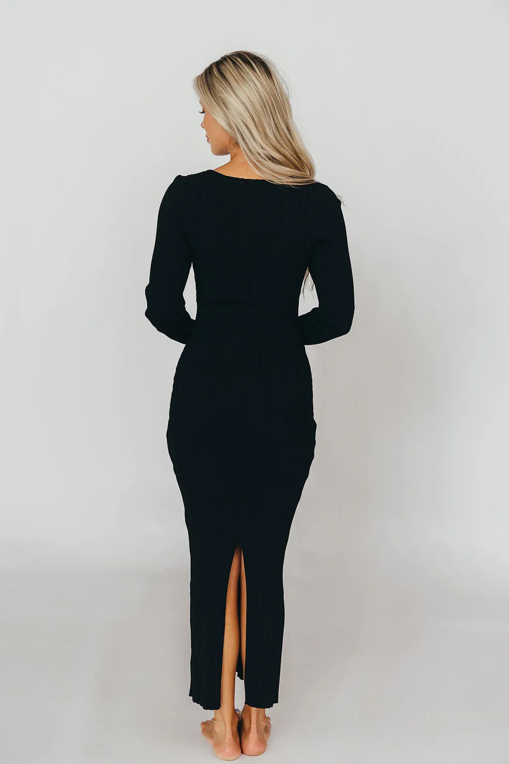 Allie Long Sleeve Ribbed Maxi Dress in Black