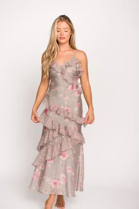 Amelia Ruffle Maxi Dress in Grey/Pink Floral