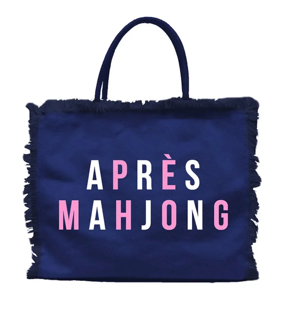 Apres Pickleball and Apres Mahjong Linen fringe totes- available in navy mahjong or white Pickleball