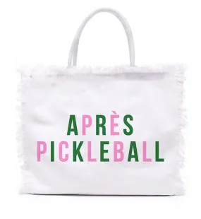 Apres Pickleball and Apres Mahjong Linen fringe totes- available in navy mahjong or white Pickleball