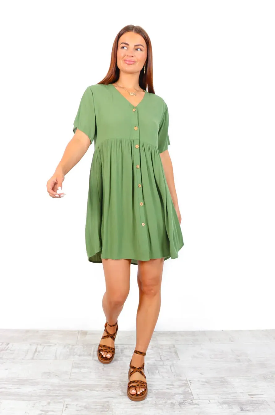 Beat You To It - Khaki Button Down Smock Mini Dress