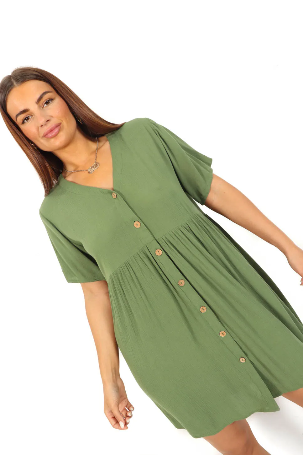 Beat You To It - Khaki Button Down Smock Mini Dress