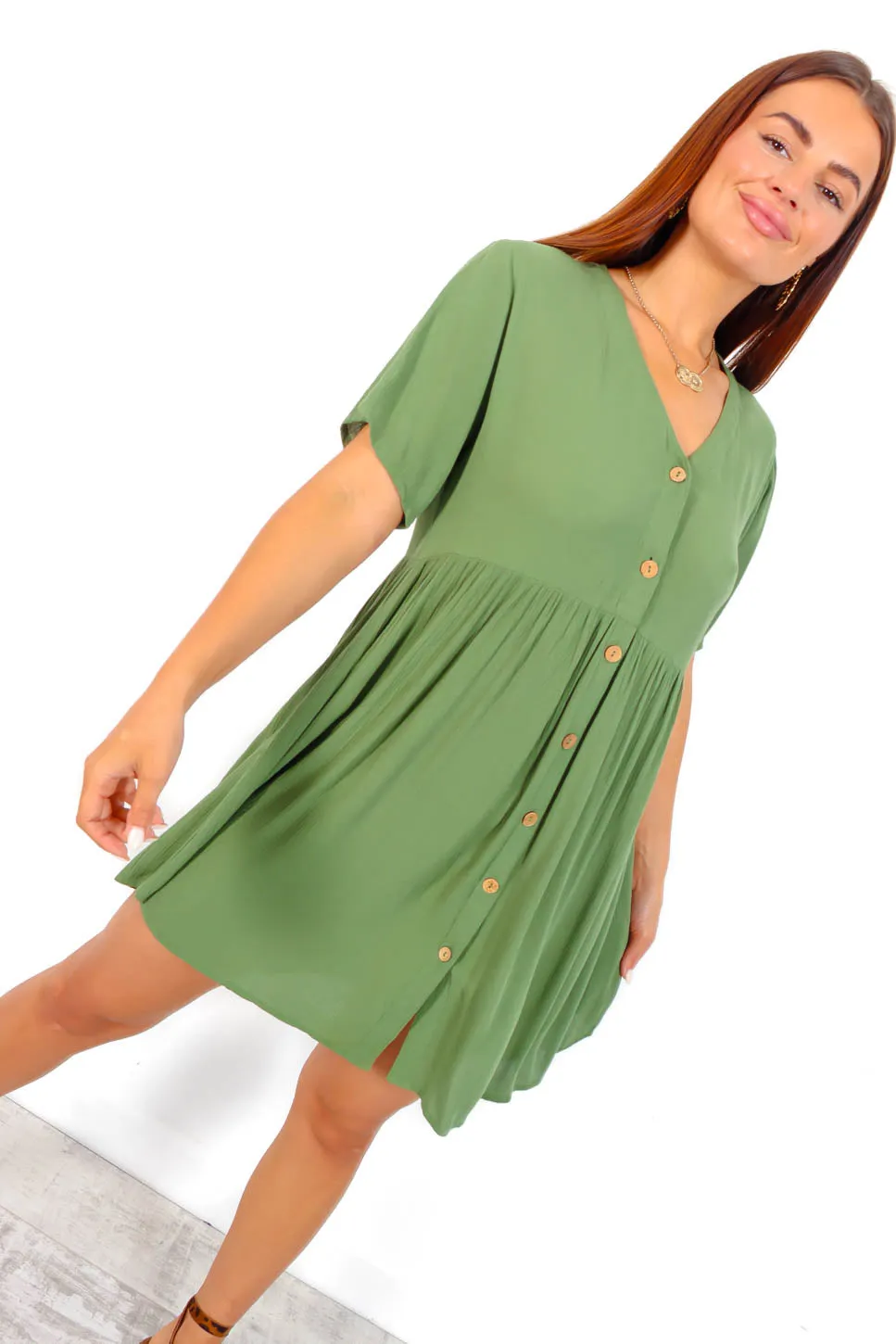 Beat You To It - Khaki Button Down Smock Mini Dress