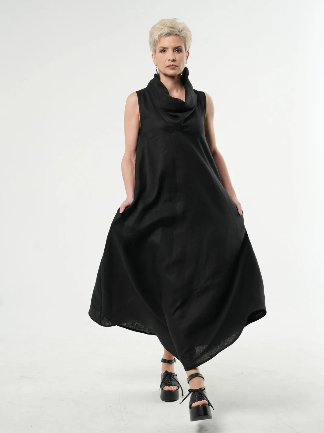 Black Linen Maxi Dress With Large Collar