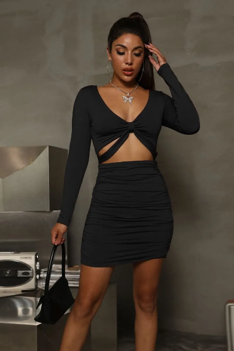 Black Long Sleeve Ruched Front Tie Mini Cut Out Dress