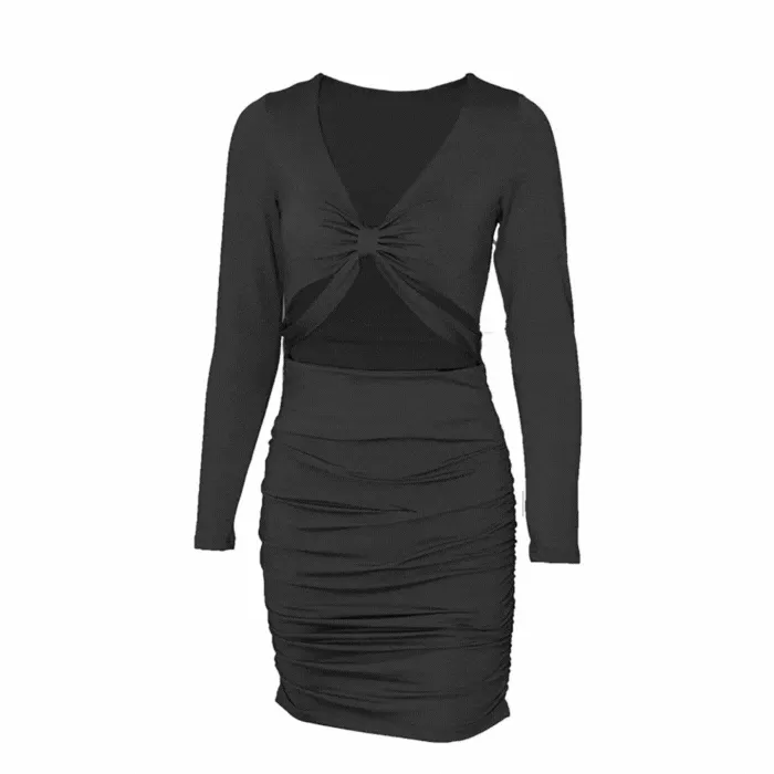 Black Long Sleeve Ruched Front Tie Mini Cut Out Dress