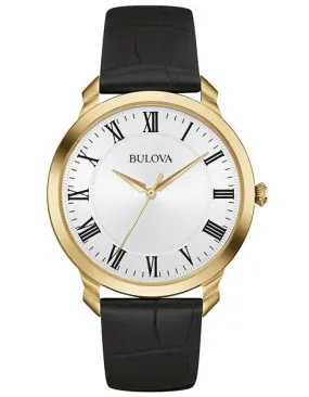 Bulova Mens Classic Watch - Silver/White Dial - Gold-Tone - Black Leather Strap