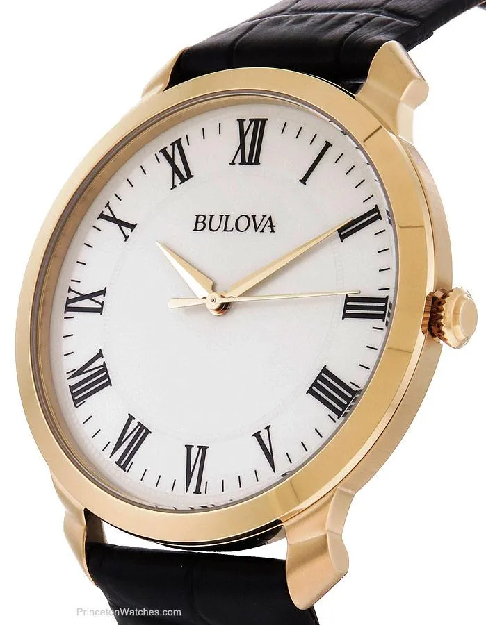 Bulova Mens Classic Watch - Silver/White Dial - Gold-Tone - Black Leather Strap