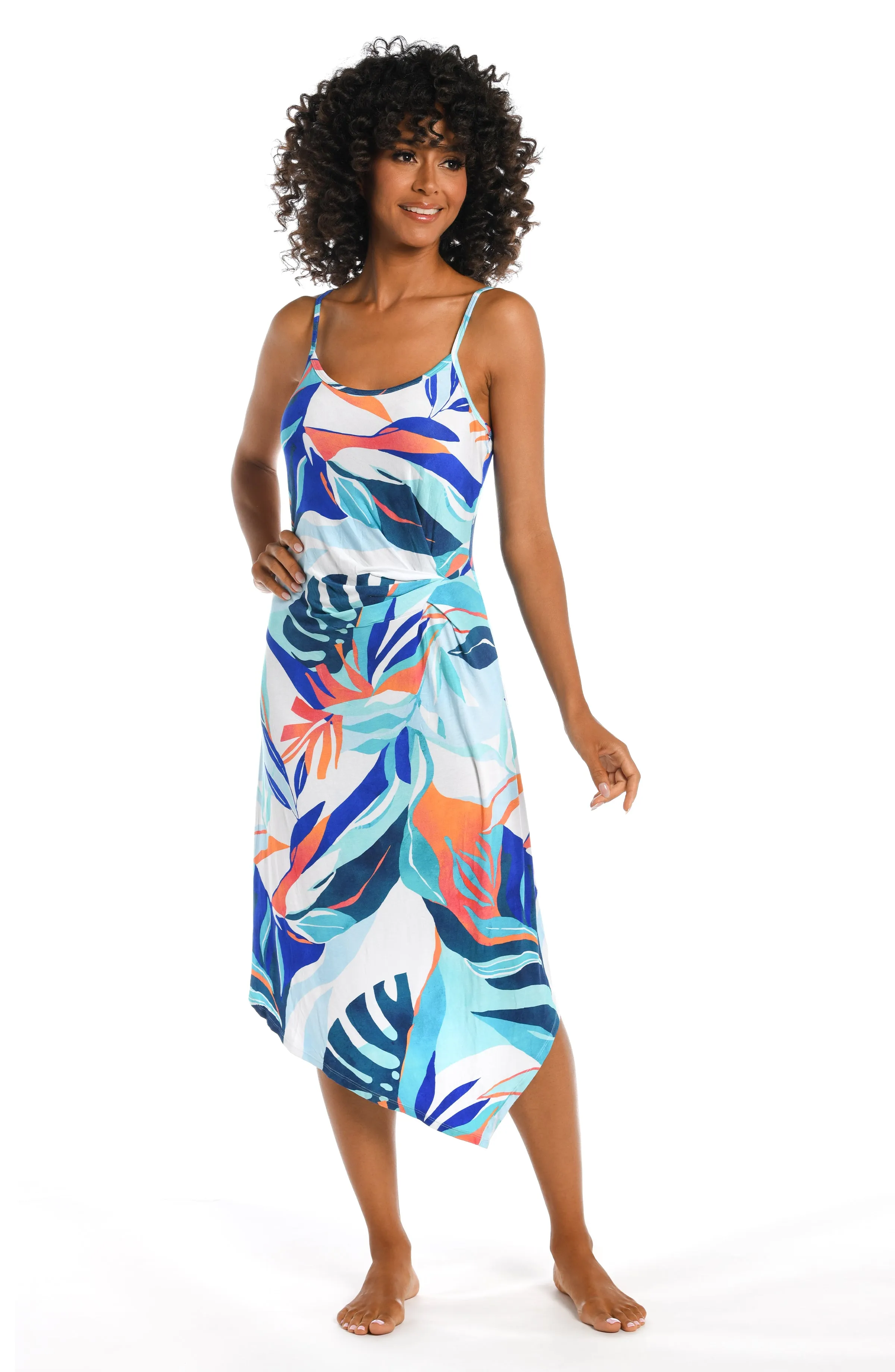 Coastal Palms Asymmetrical Draped Midi Dress - FINAL SALE