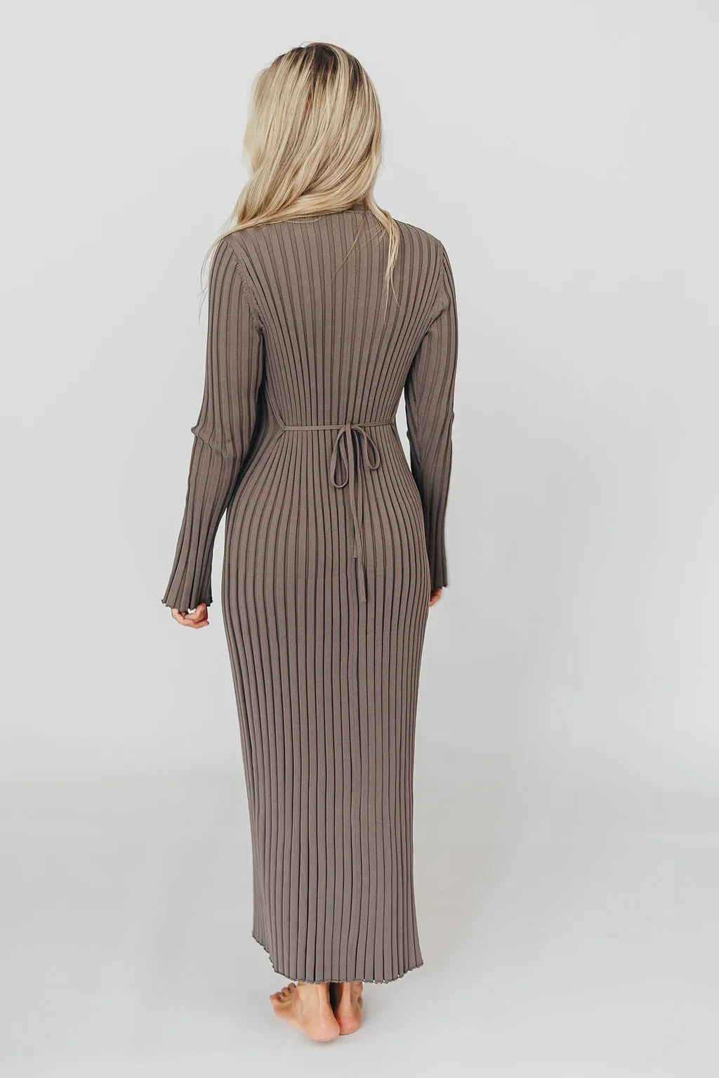 Colette Premium Long Sleeved Ribbed Knit Maxi Dress in Mocha Slate - Bump Friendly