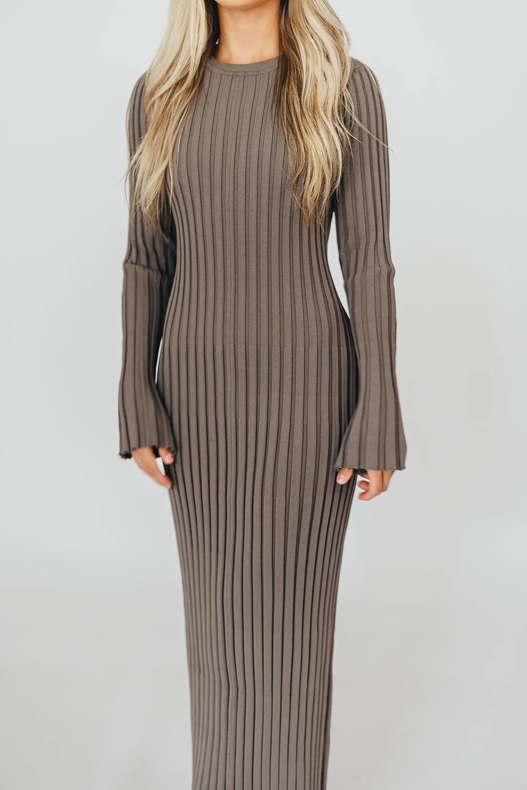 Colette Premium Long Sleeved Ribbed Knit Maxi Dress in Mocha Slate - Bump Friendly