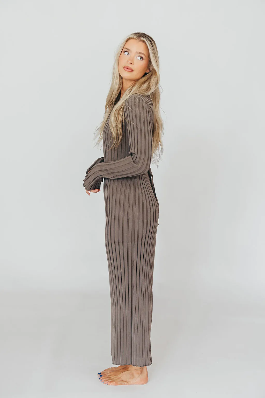 Colette Premium Long Sleeved Ribbed Knit Maxi Dress in Mocha Slate - Bump Friendly