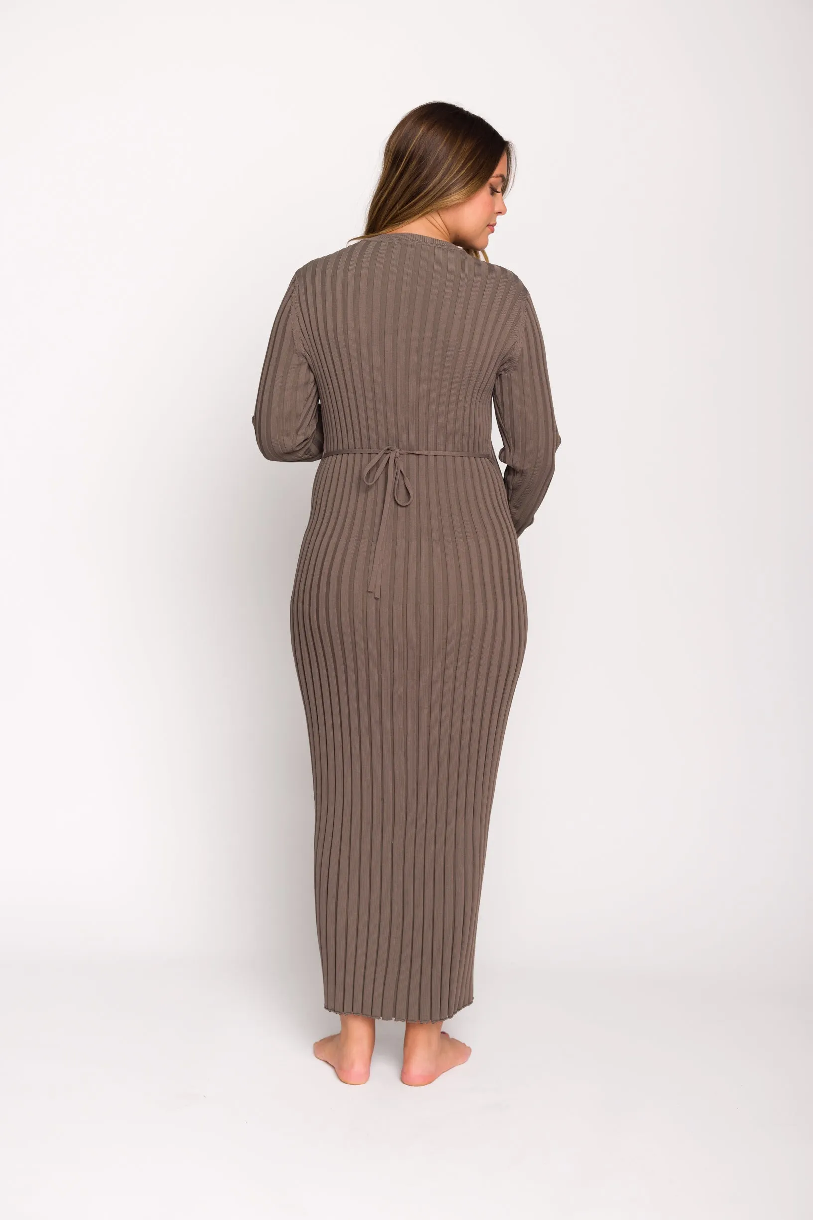 Colette Premium Long Sleeved Ribbed Knit Maxi Dress in Mocha Slate - Bump Friendly