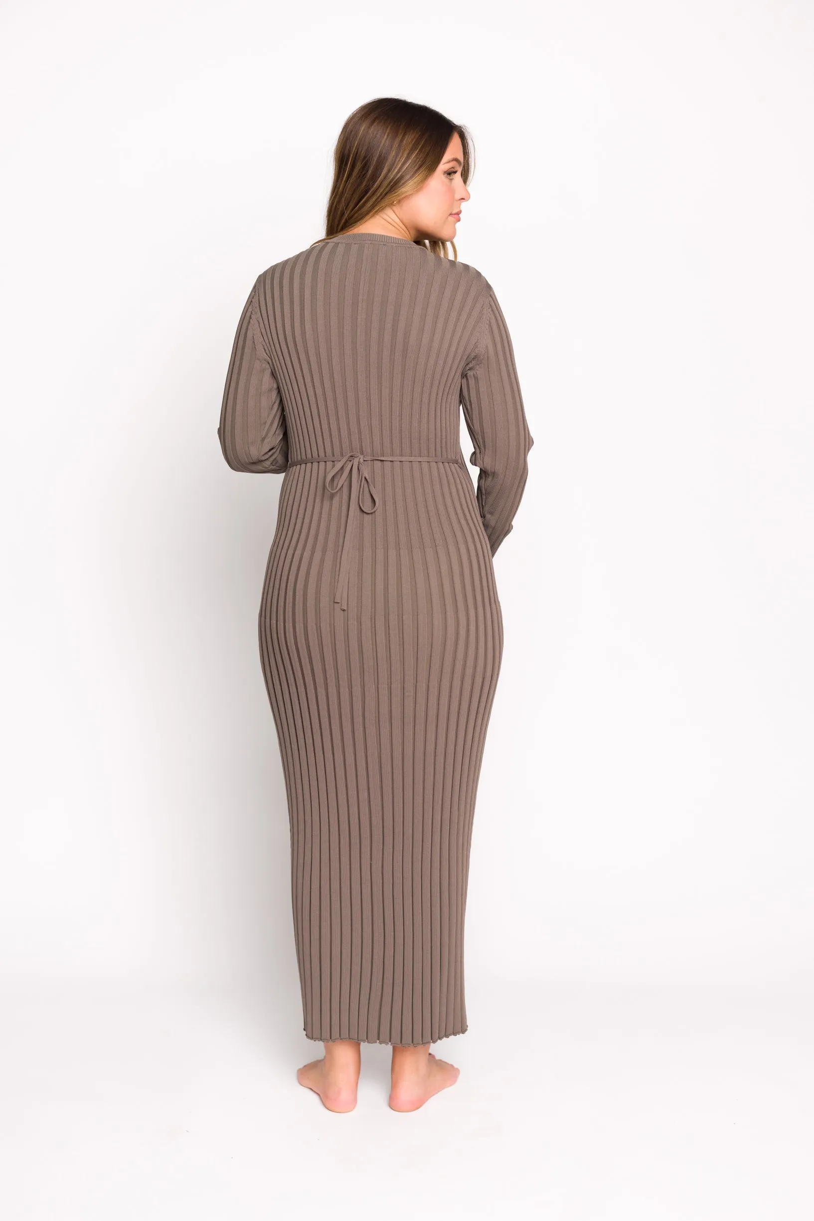 Colette Premium Long Sleeved Ribbed Knit Maxi Dress in Mocha Slate - Bump Friendly