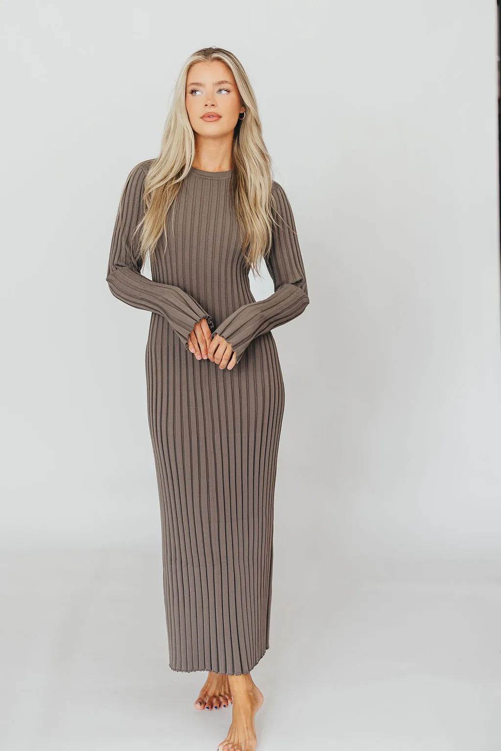 Colette Premium Long Sleeved Ribbed Knit Maxi Dress in Mocha Slate - Bump Friendly