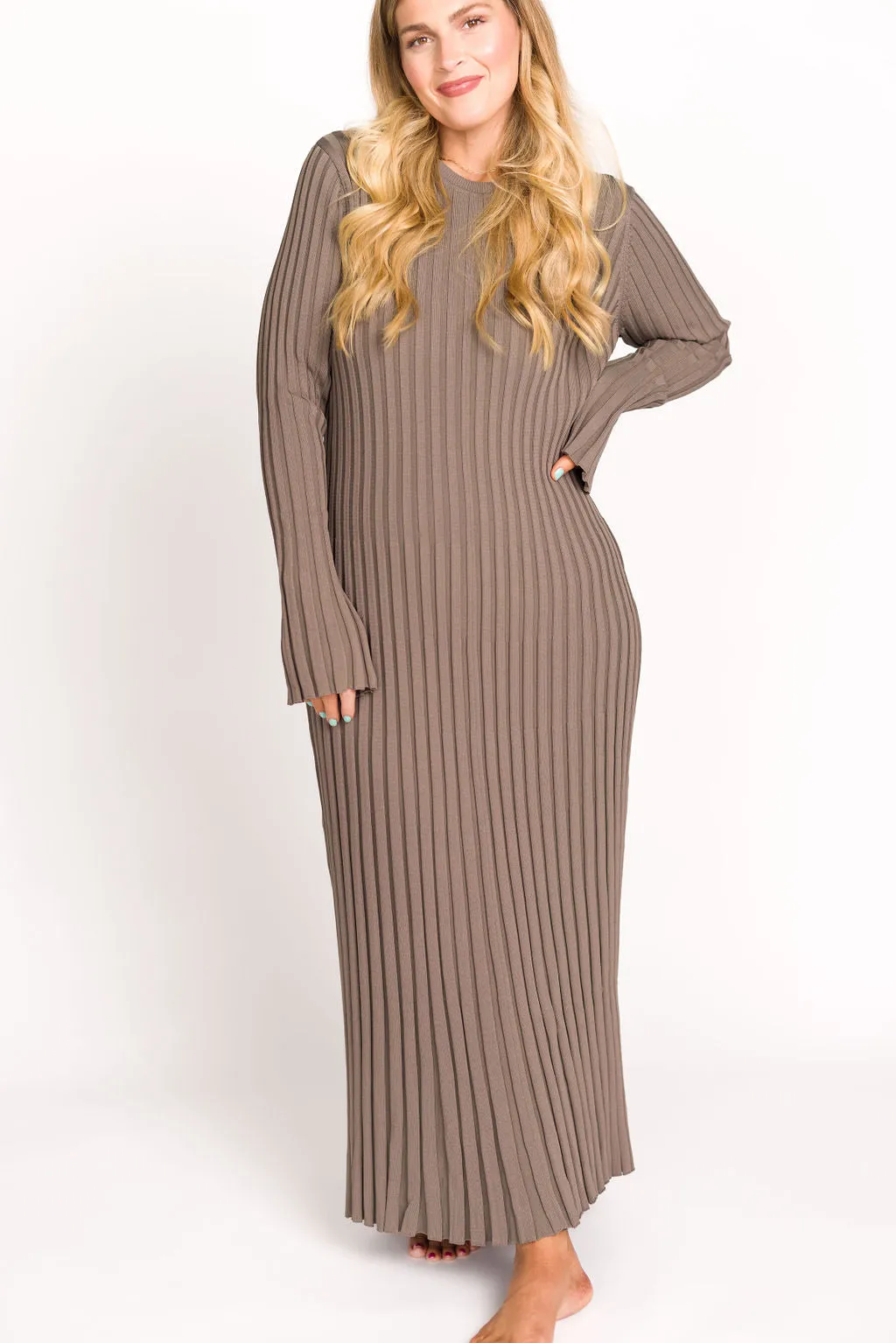 Colette Premium Long Sleeved Ribbed Knit Maxi Dress in Mocha Slate - Bump Friendly