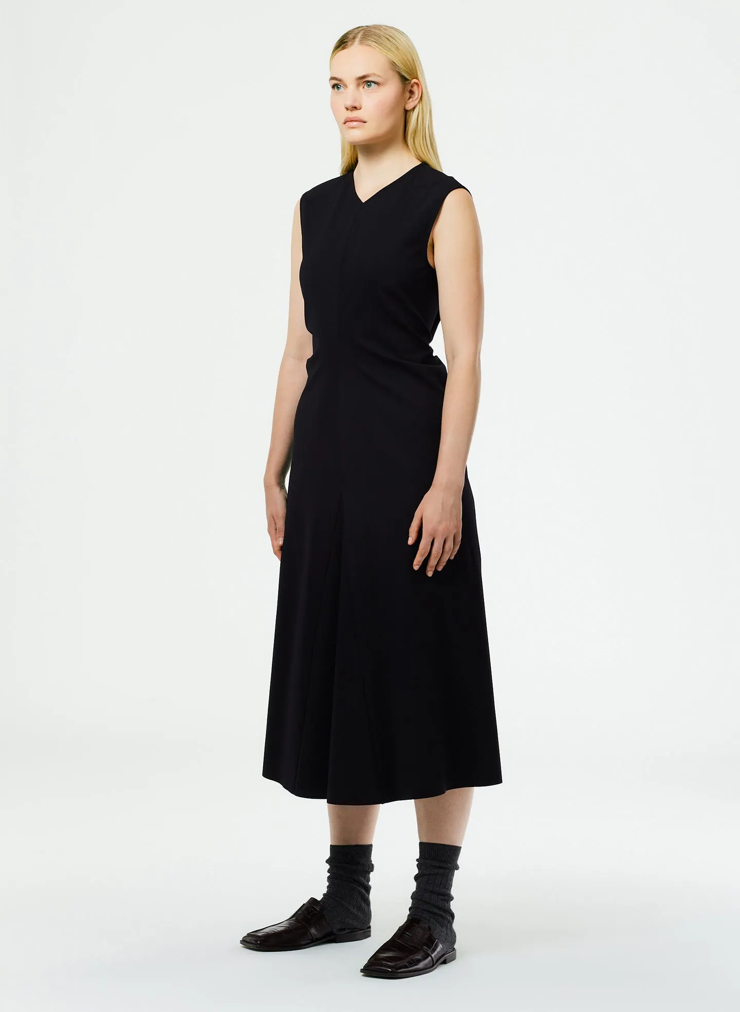 Compact Ultra Stretch Knit V-Neck Godet Dress