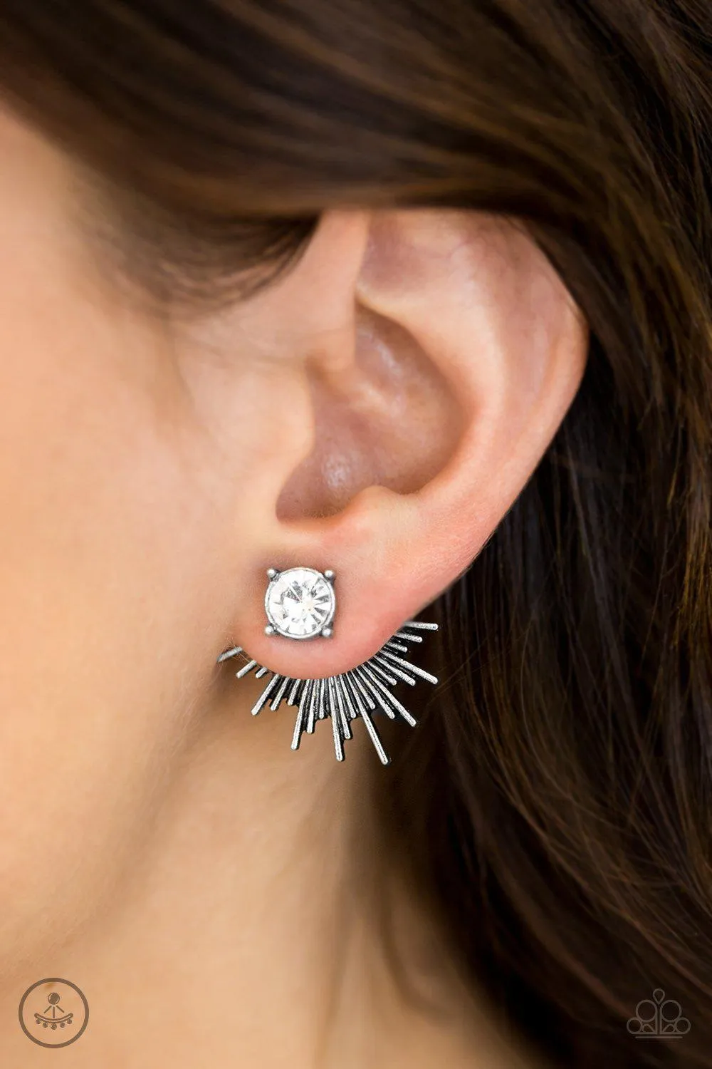 Dynamic Silver and White Rhinestone Double-sided Post Earrings - Paparazzi Accessories