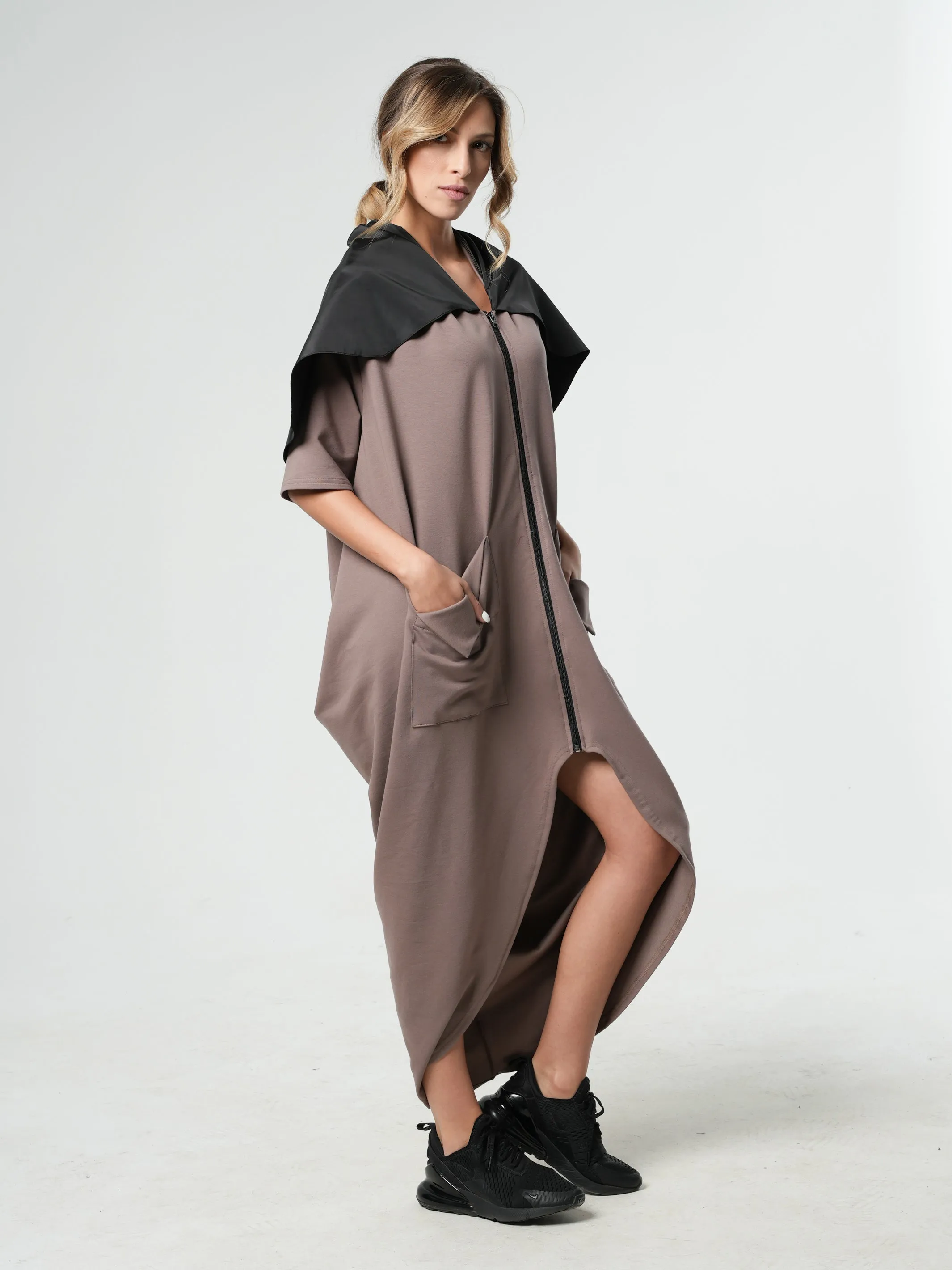 Extravagant Zipper Dress With Shoulder Cape in Moccachino