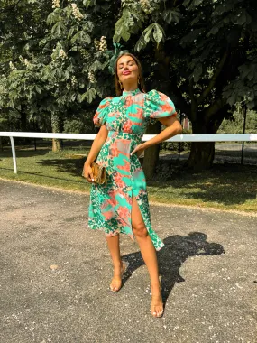 Got The Flower - Green Orange Leopard Print Midi Dress