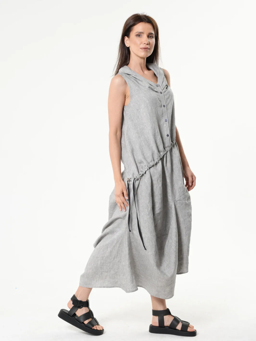 Gray Linen Dress With Asymmetric Hem