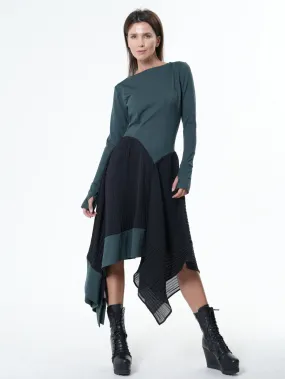 Green Dress With Black Pleated Chiffon