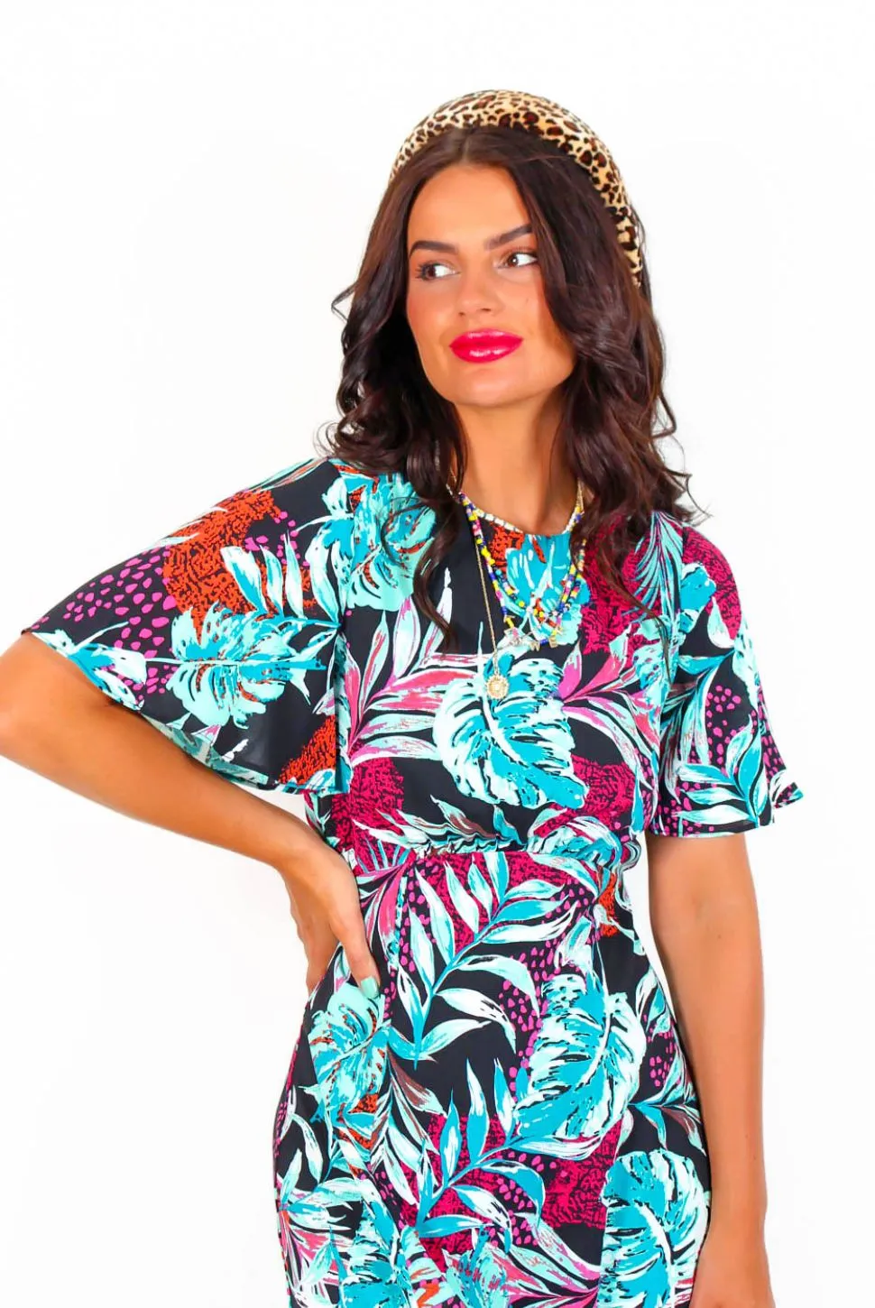 Lets Split - Magenta Turquoise Tropical Print Midi Dress