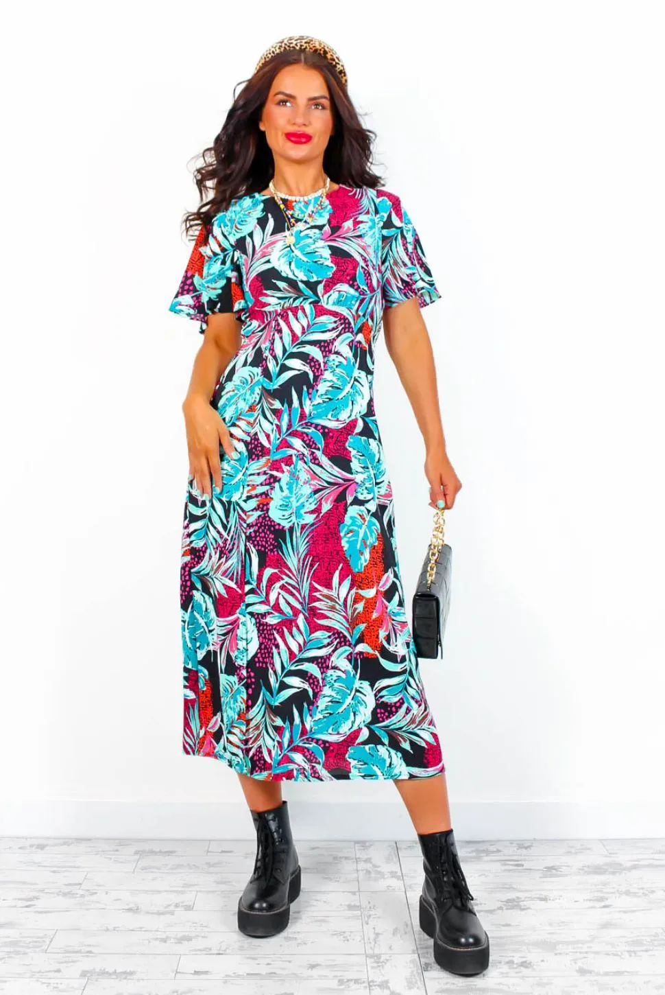 Lets Split - Magenta Turquoise Tropical Print Midi Dress