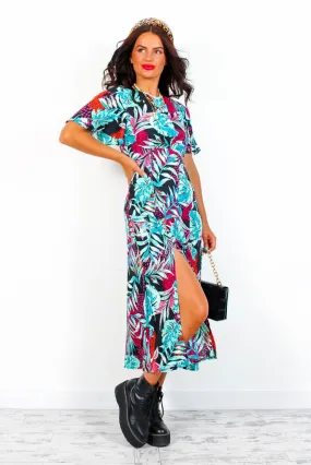 Lets Split - Magenta Turquoise Tropical Print Midi Dress