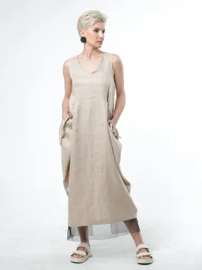 Long Linen Dress With Oversized Pockets In Beige