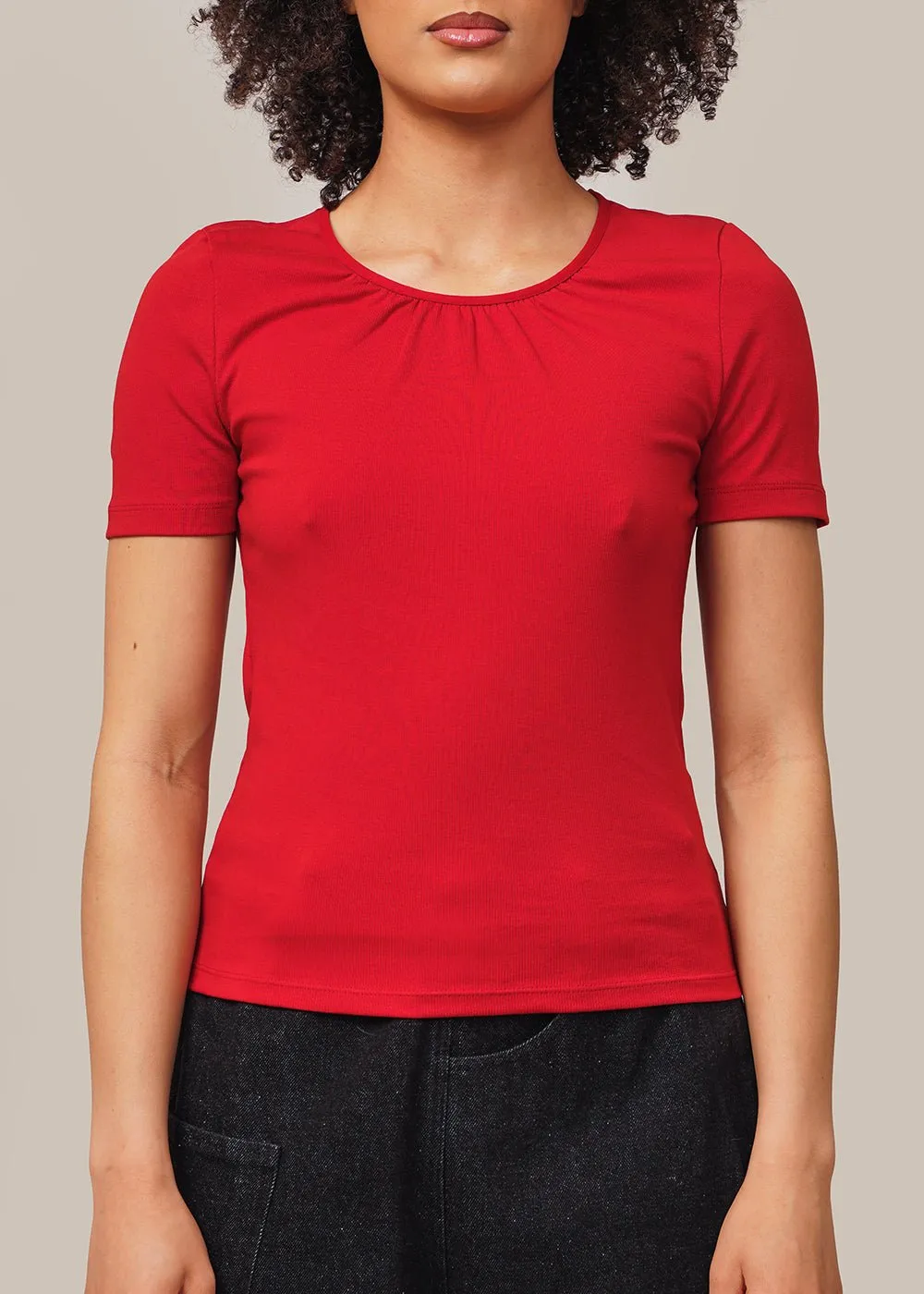 Red Neck Shirring Short Sleeve Top