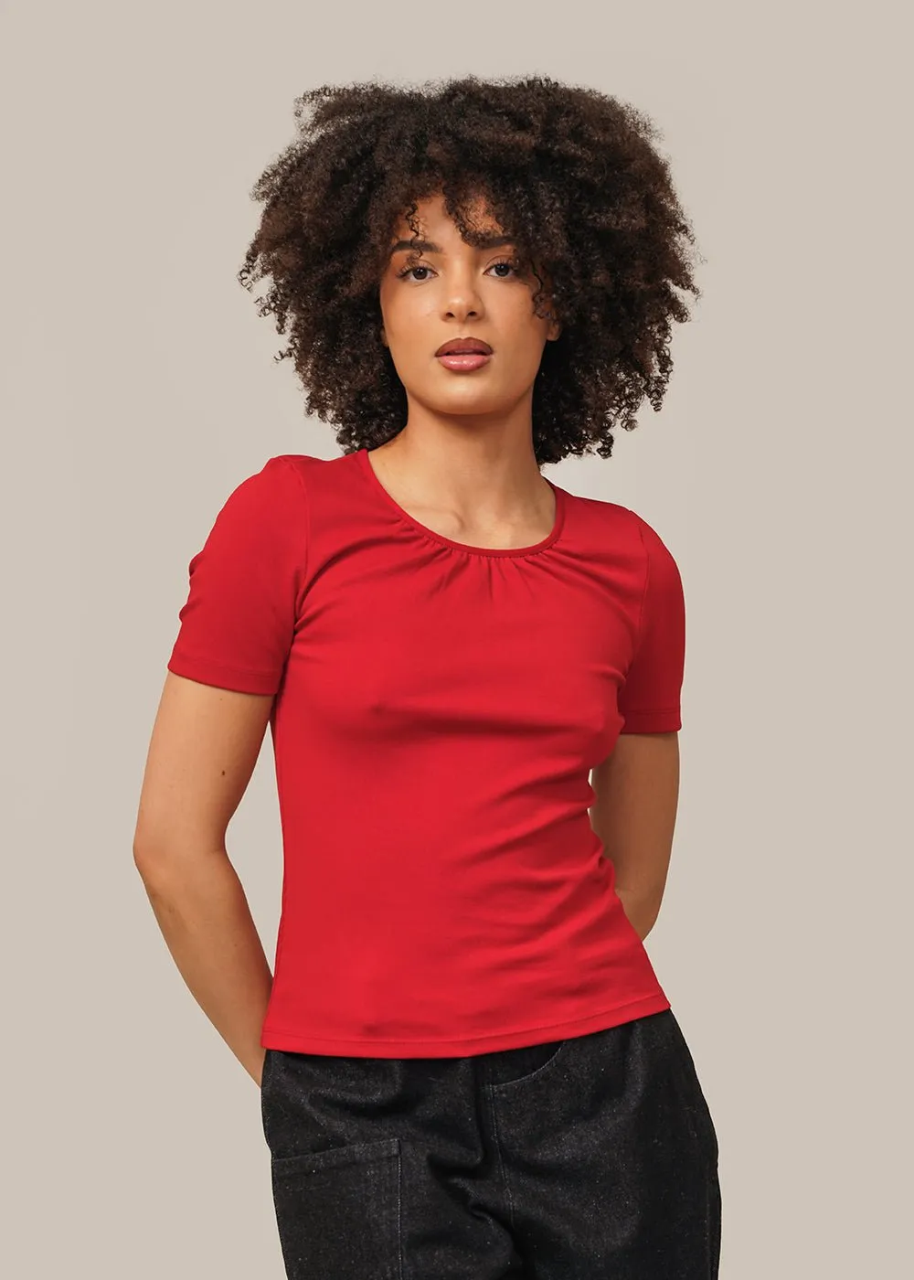 Red Neck Shirring Short Sleeve Top